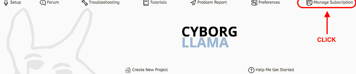 The first image of a tutorial series to cancel your subscription in Cyborg Llama: click "Subscription"