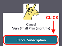 The third image of a tutorial series to cancel your subscription in Cyborg Llama: click "Cancel Subscription"