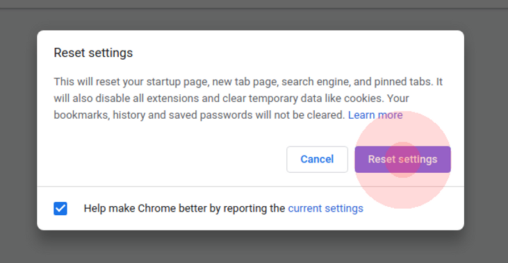 Fifth screenshot in a tutorial series showing how to reset Chrome