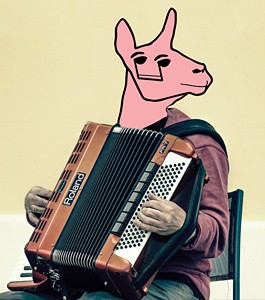A wise cyborg llama sitting and playing accordion