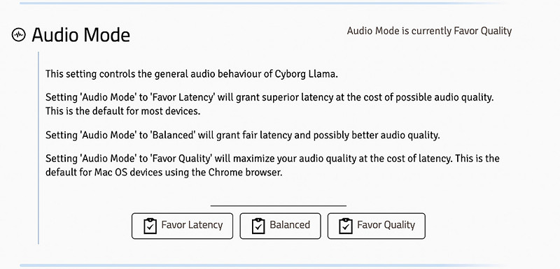 Screenshot of audio settings in Cyborg Llama