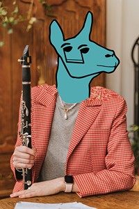 An elegant clarinetist cyborg llama smiling for their headshot