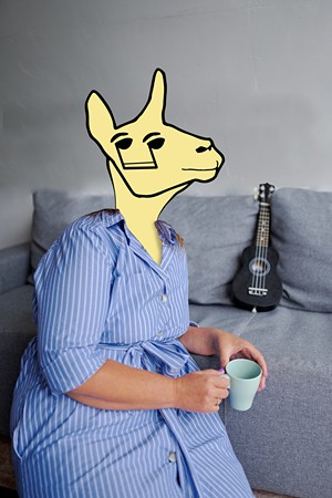A music teacher cyborg llama thinking about ukulele ensemble lesson plans