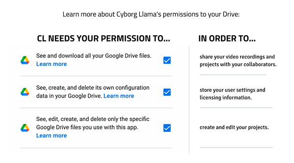 infographic explaining rationale for each of Cyborg Llama's permissions to your Google Drive