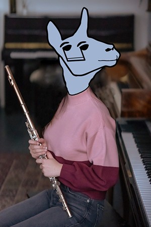 A flutist cyborg llama sits next to a piano holding their flute getting ready to practice with instrumental backing tracks
