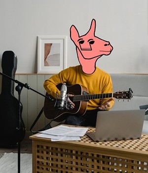 A guitarist cyborg llama with their guitar getting ready to record for their online guitar ensemble