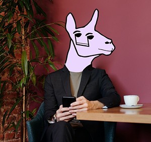 A cyborg llama musician sitting in a cafe on their phone grateful for mobile app compatibility 