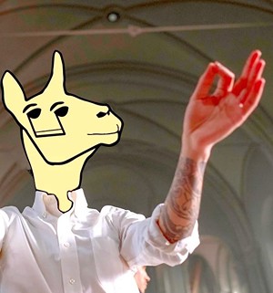 Photo of a person with a stylized llama head, conducting towards the camera.