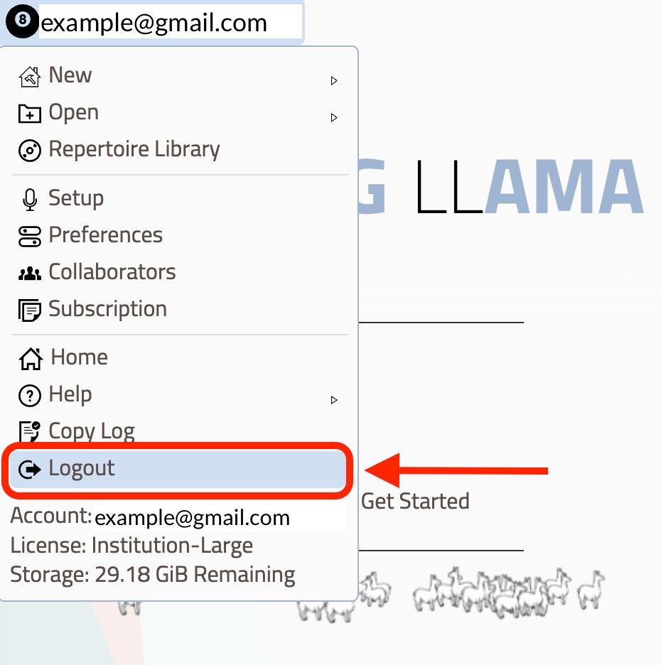 Screenshot from Cyborg Llama showing how to log out of the app