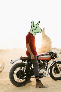 A Cyborg Llama stands next to their Honda motorcycle on their way to their orchestra rehearsal