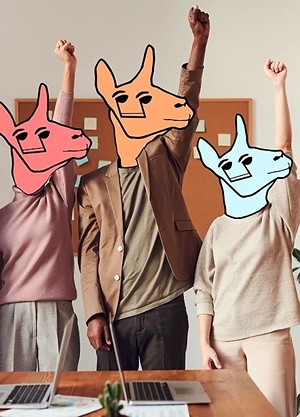A group of cyborg llamas holding their fists up in the air in triumph celebrating their online music collaboration