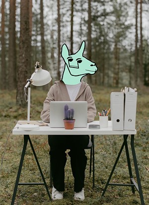 A cyborg llama at their computer on their desk in the woods, probably playing games since their virtual choir was easy to put together and is already done